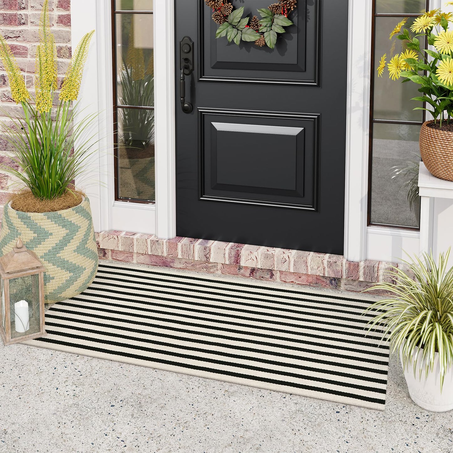 Black and White Outdoor Rug, 2x4.3 Striped Front Door Rug Cotton Hand-Woven Reversible Entryway Rugs Welcome Layered Doormat Porch Rugs for Entrance Decor Farmhouse Kitchen