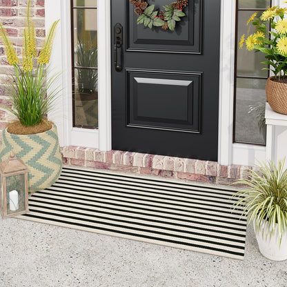 Black and White Outdoor Rug, 2x4.3 Striped Front Door Rug Cotton Hand-Woven Reversible Entryway Rugs Welcome Layered Doormat Porch Rugs for Entrance Decor Farmhouse Kitchen