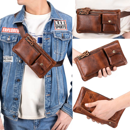 Myunxui Genuine Leather Fanny Pack Waist Bag for Men Women Clutch Bag Hip Bum Travel Pouch Sling Crossbody Chest Bags Shoulder Daypack Multiple Pockets Waist Pack Brown