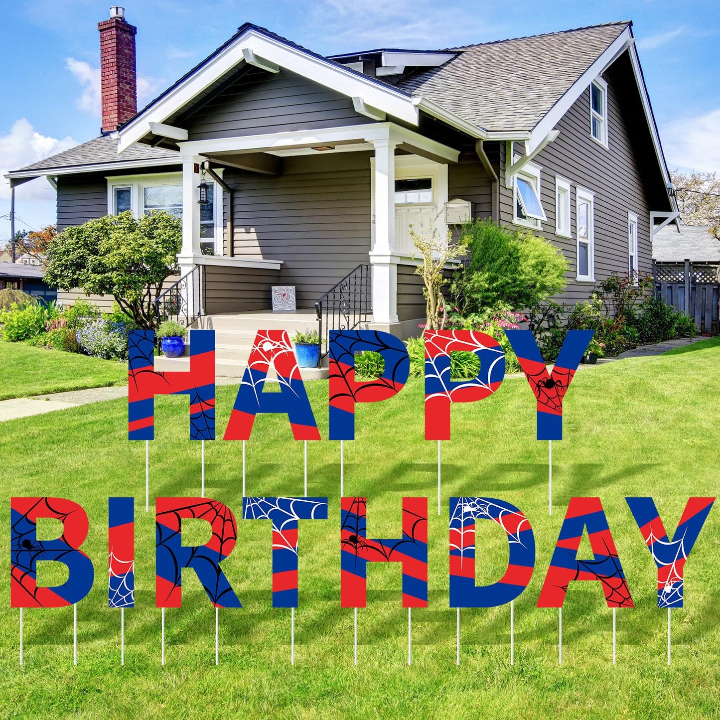 Threehoney 13 Pcs Spider Happy Birthday Yard Sign with Stakes, 16" Super Happy Birthday Letter Lawn Signs, Outdoors Birthday Decorations Hero Birthday Theme Party Supplies for Outdoor Yard Lawn