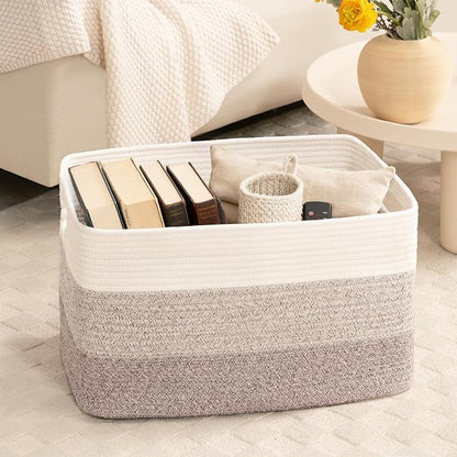 72L Large Laundry Basket with Leather Handles for Living Room Storage, Woven Rope Baskets Bin for Blanket, Kids Toy, Gifts, Wicker Hamper for Bedroom Dirty Clothes, 22"x17"x12" Gradient Brown