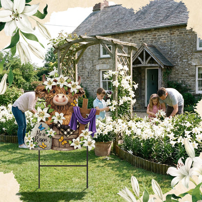 Amyhill Easter Outdoor Decor Highland Cow Metal Garden Stakes Decorative He is Risen Highland Cow Yard Signs with Stakes Cattle Lily Yard Sign for Easter Christian Holiday Garden Lawn Decor