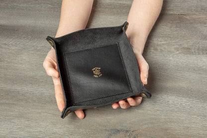 USA Handmade Premium Leather Valet Tray, Folds Flat! Dice Rolling Basket and Organizer with Brass Snaps - for Keys, Jewelry, Coin, EDC, Watch Storage Caddy - Black Medium