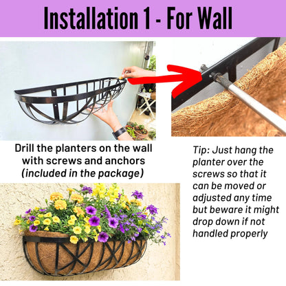 LaLaGreen Bundle- 2 Pack, 24 Inch Metal Planter with Coco Liner + 3 Pack, 11 Inch Self Watering Hanging Basket Plastic Flower Pot with Chain Outdoor Wall Mounted Balcony Fence Patio Porch Modern Decor