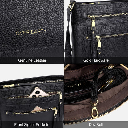 Over Earth Leather Crossbody Bags for Women Medium Shoulder Purse Multi Pocket Shoulder Handbag with Adjustable Strap(O199E Black RP)
