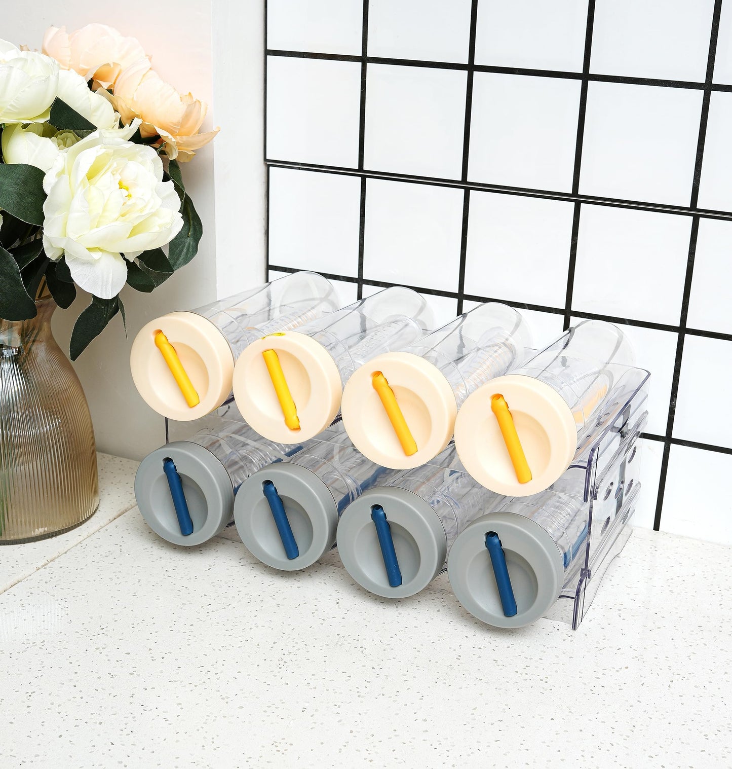 IEEK Plastic Stackable Bottle Storage Holder Rack Holds 16 Bottles,Free-Standing Water Bottle/Wine and Drink Organizer Shelf for Kitchen Cabinet,Fridge,Countertop,Pantry,Freezer,4 PackX4 Bottles,Clear