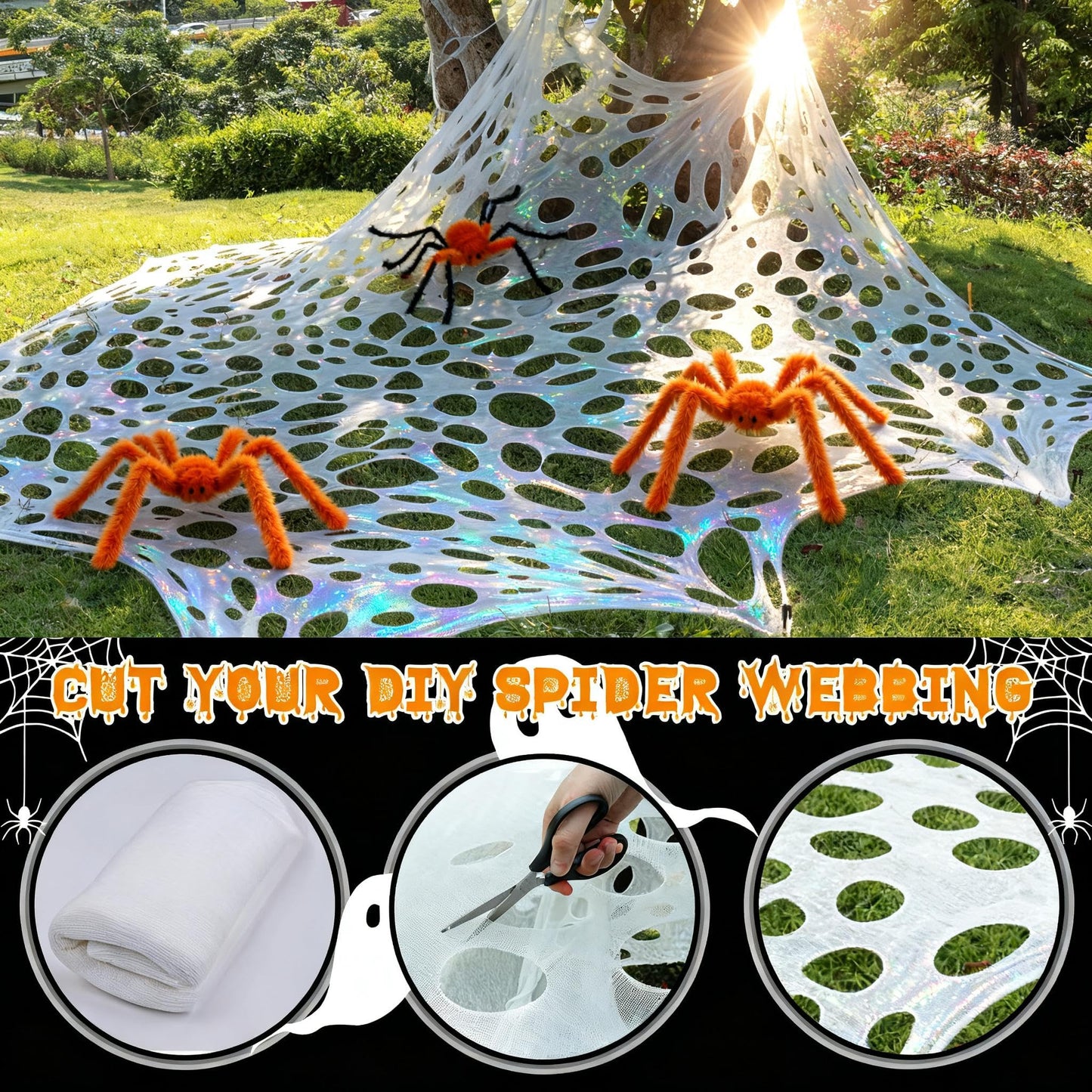 Homgaty Giant Halloween Spider Web, 650sqft Stretchy Beef Netting Halloween Spider Web Outdoor Decoration Cut-Your-Own Netting Spiders Webbing for Halloween Decor, Yard, Roof, Garden, MRPTDE1586