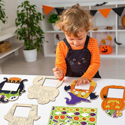 Moon Boat 18PCS Halloween Crafts for Kids Picture Frame Kit DIY Wooden Crafts Painting Your Own Hallowmas Activities Party Supplies