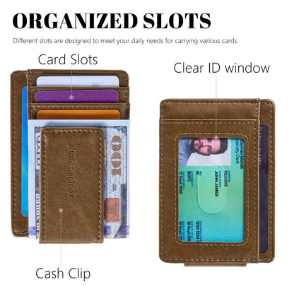 Toughergun Slim Wallet for Men RFID Blocking Money Clip, Minimalist Front Pocket Credit Card Holder, Magnetic Thin Mens Wallets with ID Window（Wax Brown）
