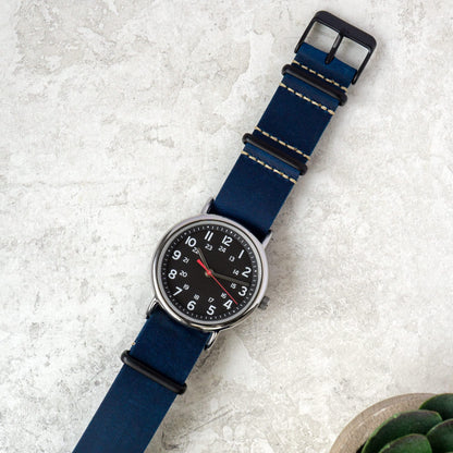 Benchmark Basics Leather Watch Band - Crazy Horse Oiled Leather One-Piece Watch Straps for Men & Women - Choice of Color & Width - 18mm, 20mm, 22mm or 24mm (20mm, Navy Blue PVD)