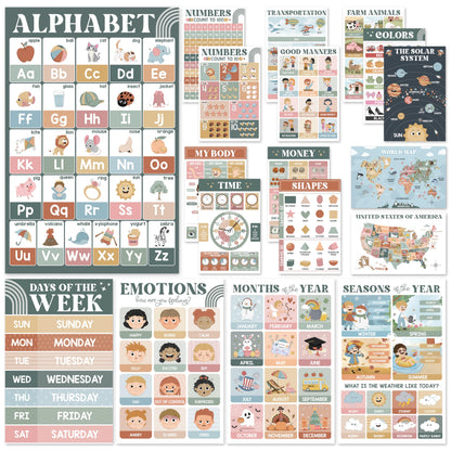 Educational Posters for Preschoolers - Laminated Pre-K and Kindergarten Learning Poster Charts for Toddlers 1-3-5 - Homeschool and Classroom Decor for Kids' Walls (18 Modern Boho Educational Posters)