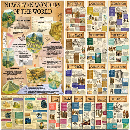 KIDS KING 18 Culture Posters for Classroom, 11x17in Laminated Educational Posters of Ancient Civilizations History, 7 Wonders of The World, Top 10 Unsolved Mysteries - School Hallways, Home Study Room
