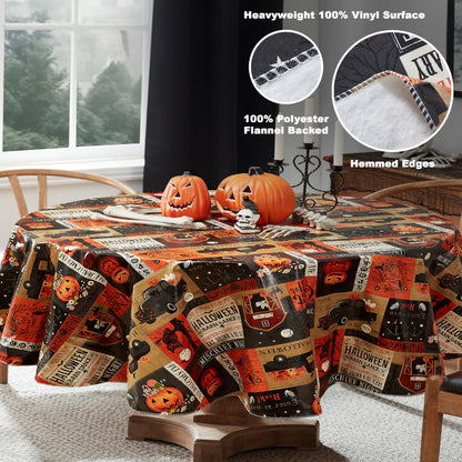 Newbridge Halloween Rustic Spooky Farm 60 x 84 Inch Oval Vinyl Tablecloth with Flannel Backing, Vintage Halloween Truck and Pumpkin Design, Easy Care Wipe Clean Table Cover