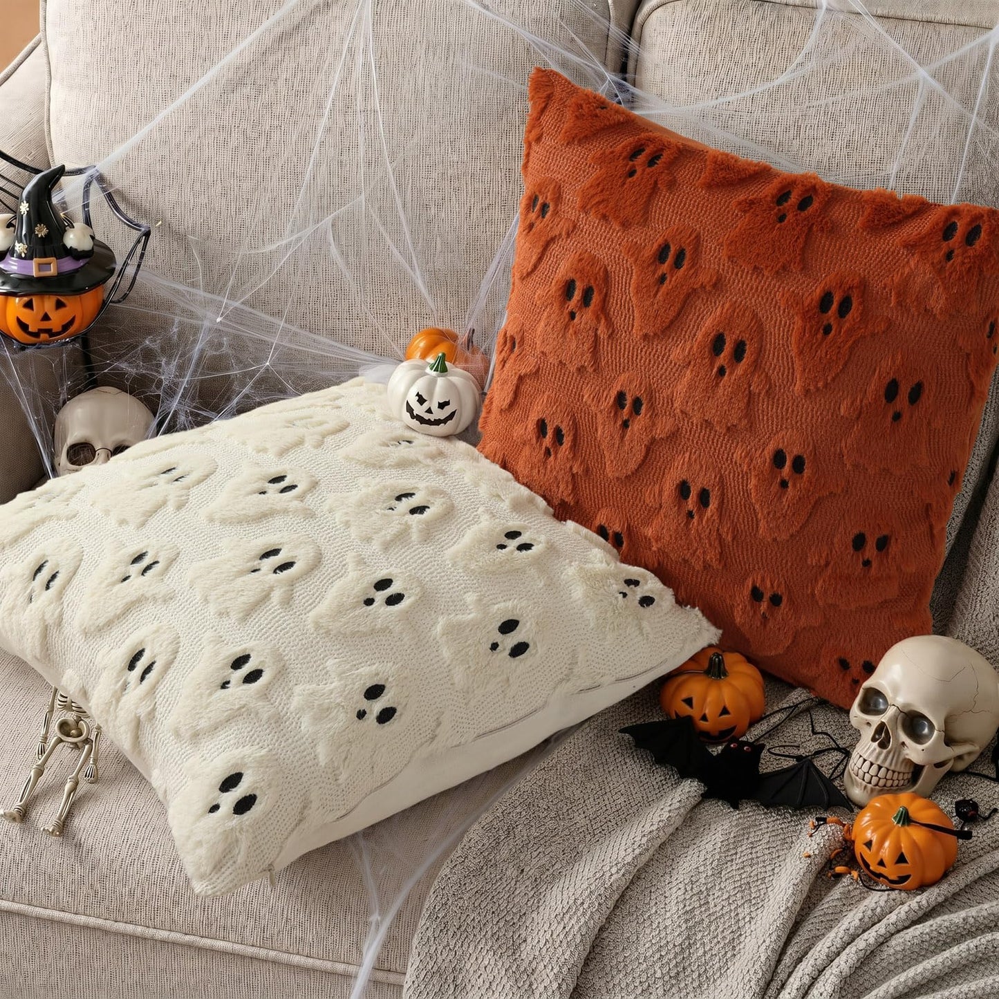 decorUhome Fall Halloween Ghost Pillow Covers 18x18 Inch Pack of 2 Soft Plush Faux Wool Textured Throw Pillow Covers Cute 3D Ghost Decorative Cushion Cases for Couch Sofa Bedroom Home Decor, Rust