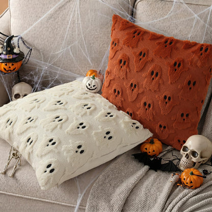 decorUhome Fall Halloween Ghost Pillow Covers 18x18 Inch Pack of 2 Soft Plush Faux Wool Textured Throw Pillow Covers Cute 3D Ghost Decorative Cushion Cases for Couch Sofa Bedroom Home Decor, Rust