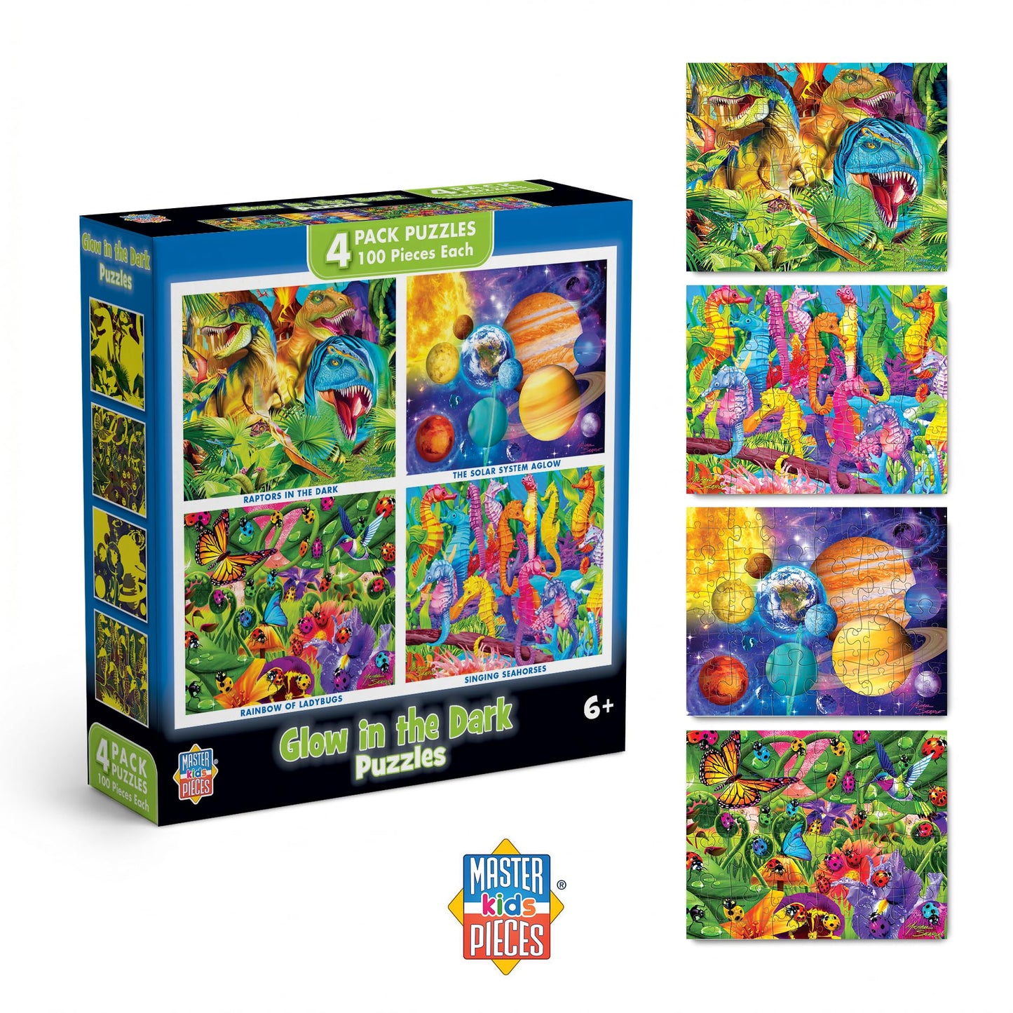 MasterPieces – Jigsaw Puzzle Set for Kids 6+ Years, 4-Pack of 100 Pieces, Educational and Fun Game, Blue Glow in The Dark Collection, Gift Idea for Children, 8" x 10