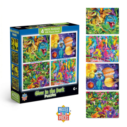 MasterPieces – Jigsaw Puzzle Set for Kids 6+ Years, 4-Pack of 100 Pieces, Educational and Fun Game, Blue Glow in The Dark Collection, Gift Idea for Children, 8" x 10