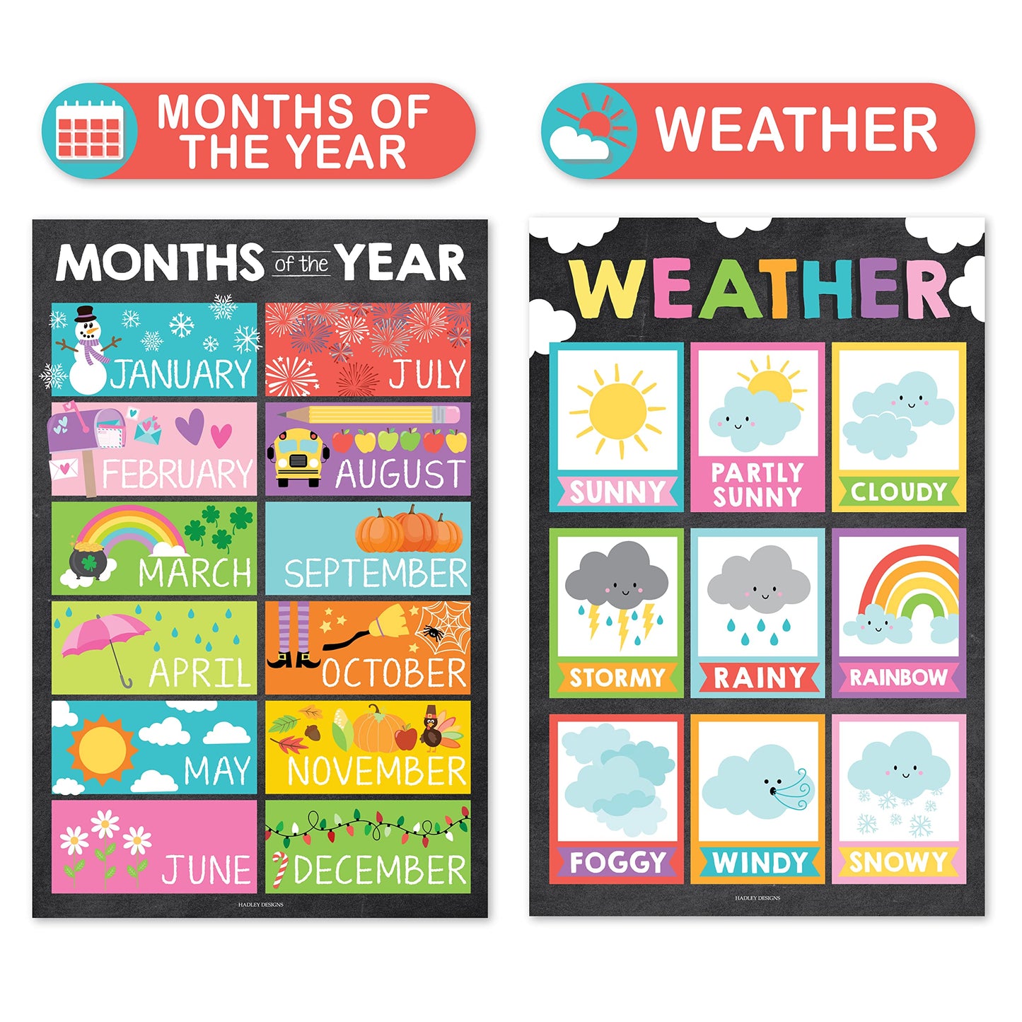 Hadley Designs 4 Alphabet, Months of the Year, Weather, Days of The Week Calendar For Kids, ABC Chart for Wall for Toddlers, Laminated Charts for PreK Classroom or Homeschool, Chalk Posters 11x17