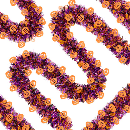66 Ft Halloween Tinsel Garland, Purple Black Glitter Tinsel Garlands with Orange Pumpkin Metallic Twist Hanging Streamers Decoration for Halloween Party Home Indoor Outdoor Decor Supply