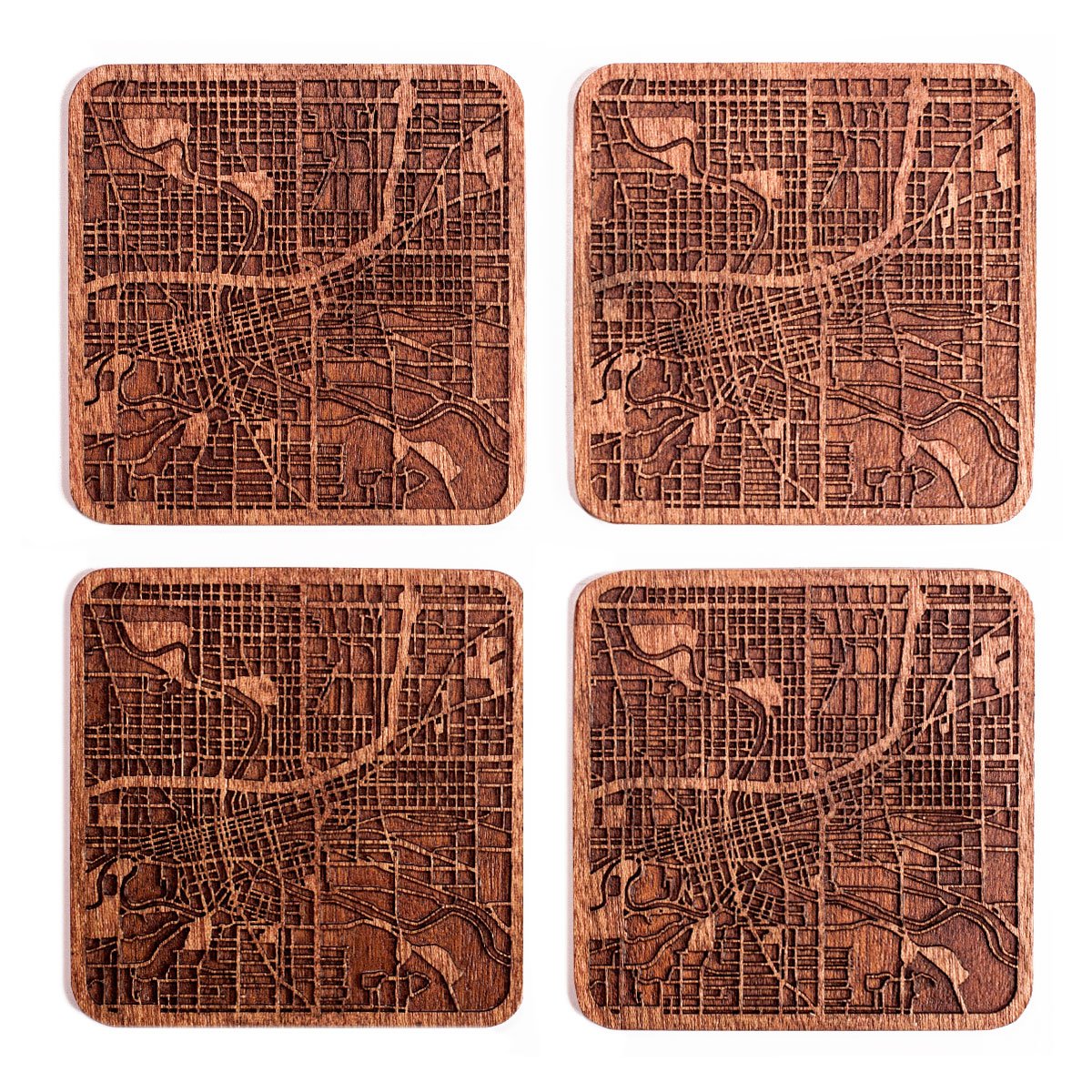 Des Moines, IA Map Coaster by O3 Design Studio, Set Of 4, Sapele Wooden Coaster With City Map, Handmade