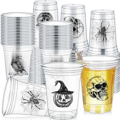 Teenyyou 100 pcs 16 oz Halloween Plastic Cups Disposable Halloween Clear Skull Pumpkin Spider Party Cups for Cold Drinks Candies Fruits and Party Supplies Decorations (Skull)