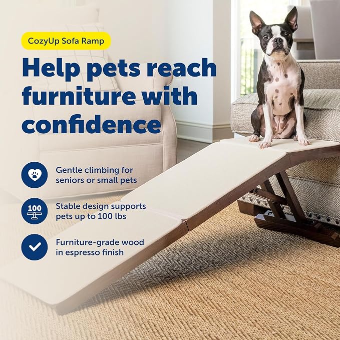 PetSafe CozyUp Wooden Couch Ramp for Cats & Dogs, Furniture-Grade with High-Traction Carpet Surface, Espresso