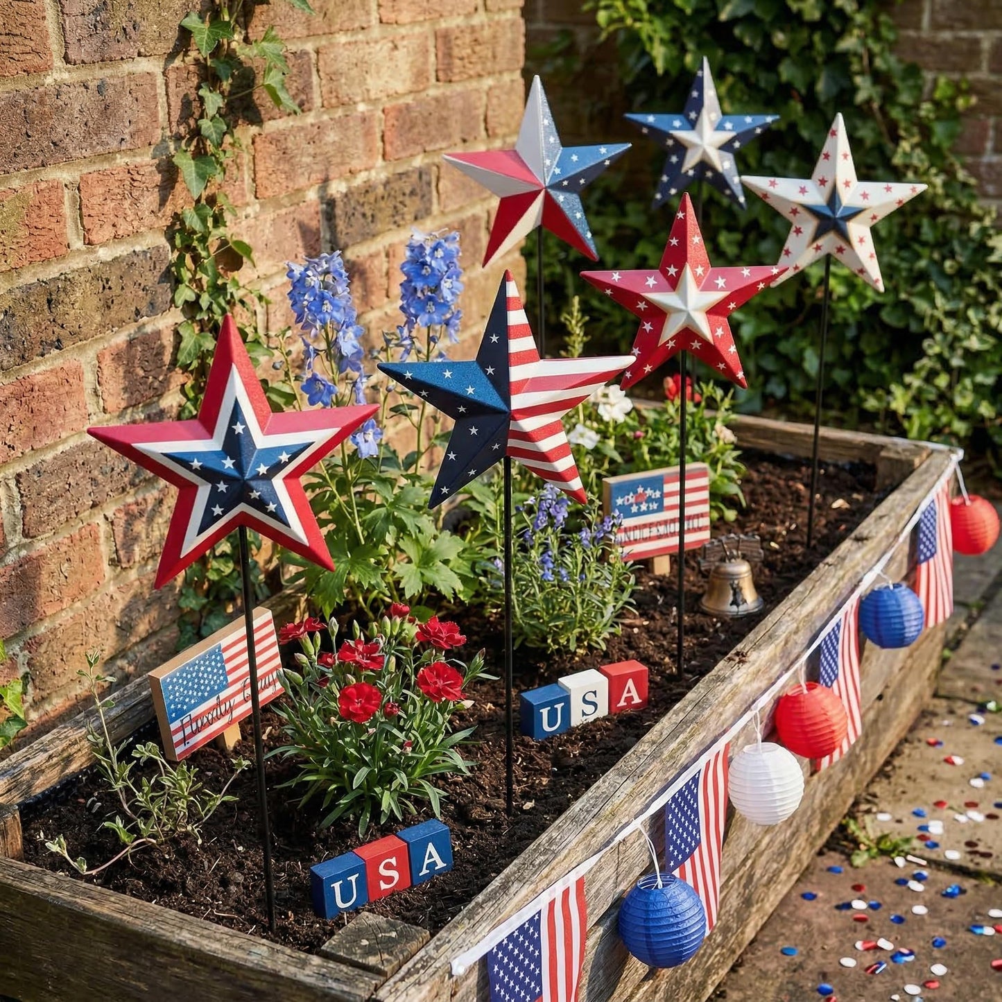 WKHOMEDECO 4th of July Decorations Outdoor 19" Metal Barn Star 6-Pack, Patriotic Outdoor Decorations, Rustic Iron Decorative Garden Stakes with American Flag Stars for Yard Patio Lawn