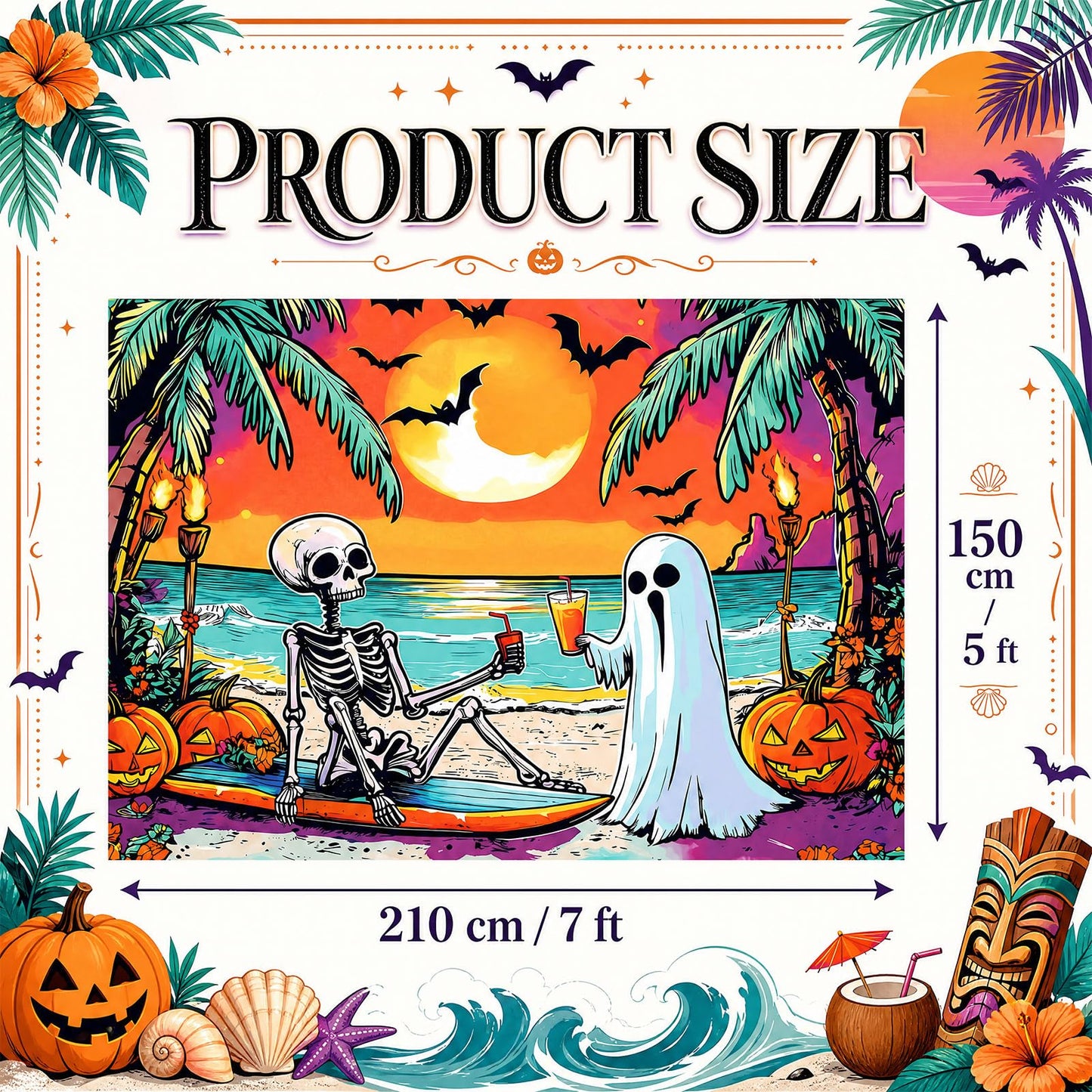 Gilprop Summer Halloween Decor 7x5ft Backdrop Banner for Halloween in Summer Party Decorations Supplies Photography Background Props Ghost Skeleton Pumpkin Beach Decorations