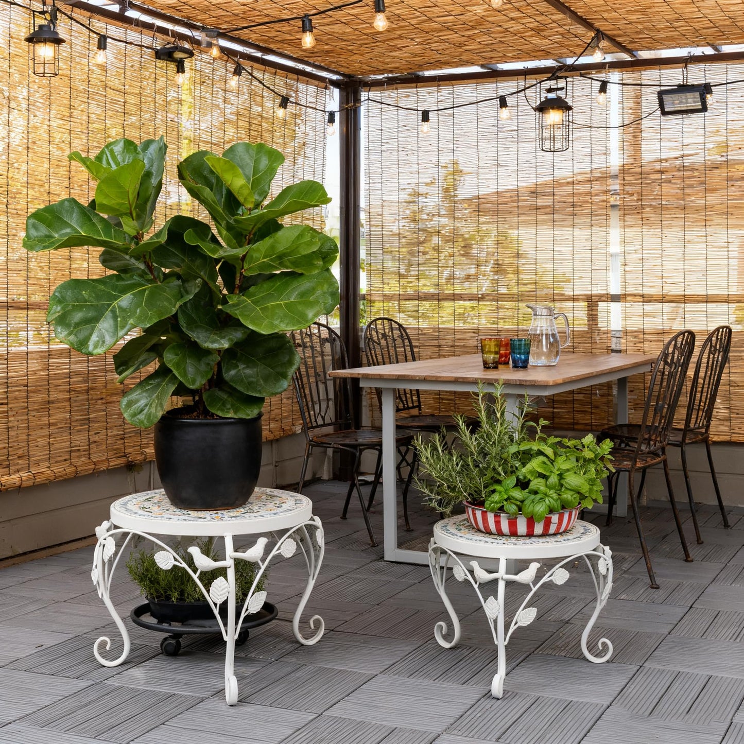 Rustic Metal Plant Stand Set of 2 Indoor & Outdoor Round Ceramic Top Mosaic Planter Pot Stand Low Heavy Duty Flower Holder Rack for Garden Patio Living Room Farmhouse Accessory Decor Gift White Flower Bird