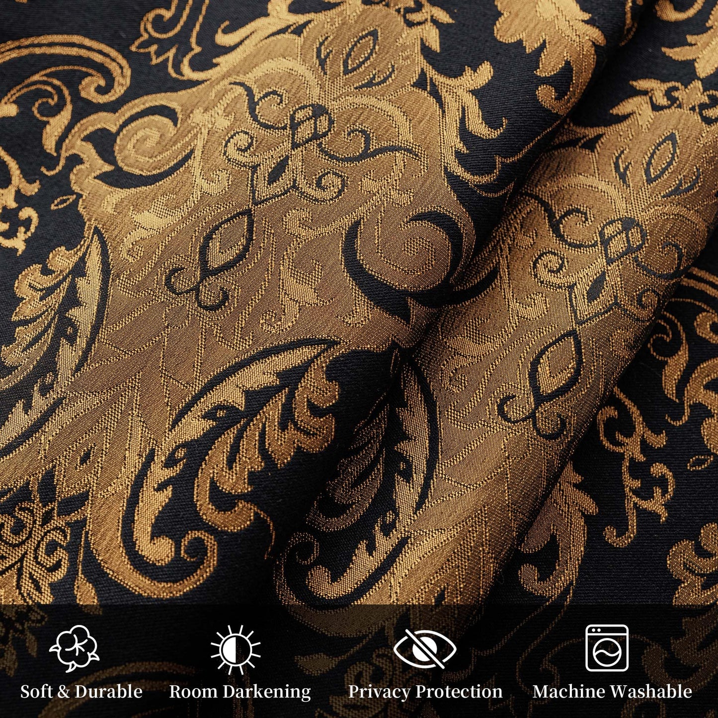 Loom and Mill Luxury Black Damask Curtains for Bedroom, Textured Lined Jacquard Curtains 2 Panels with Tiebacks, Window Curtain for Living Room Banquet Halloween Decor, Rod Pocket(42”x 63”, 2 Panels)