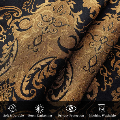 Loom and Mill Luxury Black Damask Curtains for Bedroom, Textured Lined Jacquard Curtains 2 Panels with Tiebacks, Window Curtain for Living Room Banquet Halloween Decor, Rod Pocket(42”x 63”, 2 Panels)