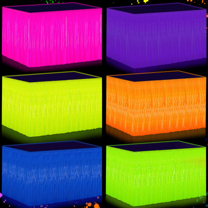 Glow in the Dark Party Supplies - 6Pack Neon Tinsel Fringe Table Skirts Party Decoration， 31.5"x118" UV Reactive & Fluorescent Neon Streamers for Birthday, Rave, Blacklight & Glow Event