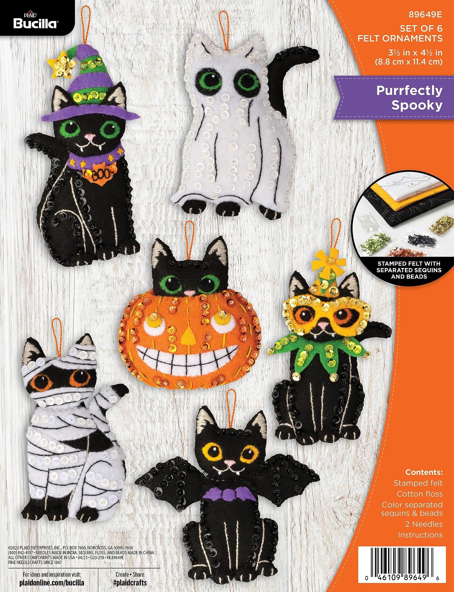 Bucilla Felt Applique 6 Piece Ornament Making Kit, Purrfectly Spooky, Perfect for Halloween Arts and Crafts, 89649E