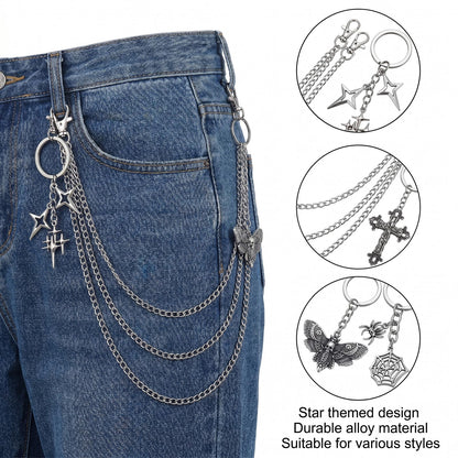 Thrist Punk Jeans Chains Keychain Set - 7 Pieces Y2K Goth Grunge EMO Layered Chunky Pants Chain Keychain Set Silver Star Belt Chains Keychains Jewelry Accessory for Women Men Jeans Bag Pocket Wallet
