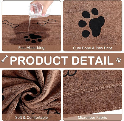 Chumia 8 Pcs Dog Towels for Drying Dogs Cats Pet Towels Bulk Puppy Microfiber Fast Drying Paw Bath Bathing Supplies Absorbent for Medium Pets(40 x 24 Inch,Dog Paw and Bone,Coffee)