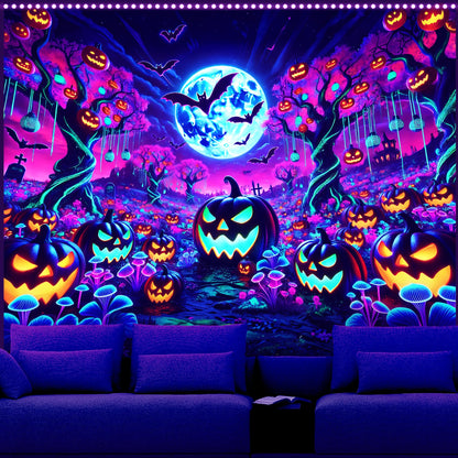AOHMPT Glow-in-the-Dark Halloween Tapestry - UV Reactive Black Light Wall Hanging Decor for Spooky Parties, Bedroom, Living Room (Pumpkin-Bat, 79L x 59W, Unframed)