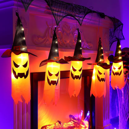 HOMEHIGH Halloween Outdoor Decor Hanging Lighted Glowing Ghost Witch Hat,5 Pack Lights Ghost Halloween Decor Light,Led String Lights Waterproof Battery Box, Indoor Outside Home Porch Yard Tree Garden