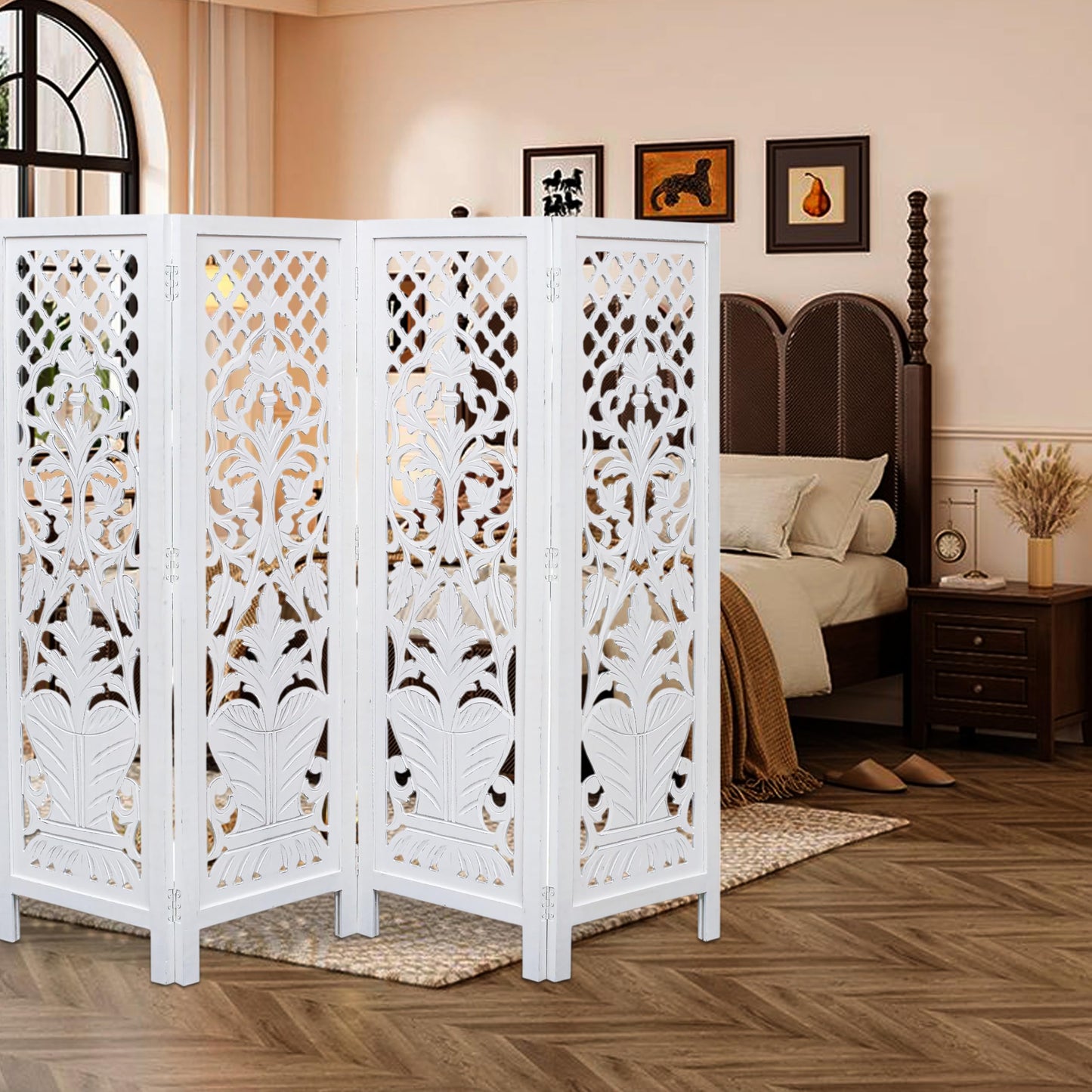 Room Divider Wood Screen Panel – White, 4-Panel Folding 64"x54", Hand-Carved, Reversible Privacy Partition, Decorative & Functional Portable Room Divider for Home or Office