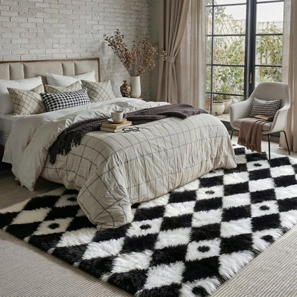 PureCozy Checkered Rug 6x9 Fluffy Shag Living Room Black and White Area Rug Modern Washable Carpet Soft Shaggy Non Slip Indoor Plush Fuzzy Rugs for Bedroom Dorm Office Home Aesthetic Decor