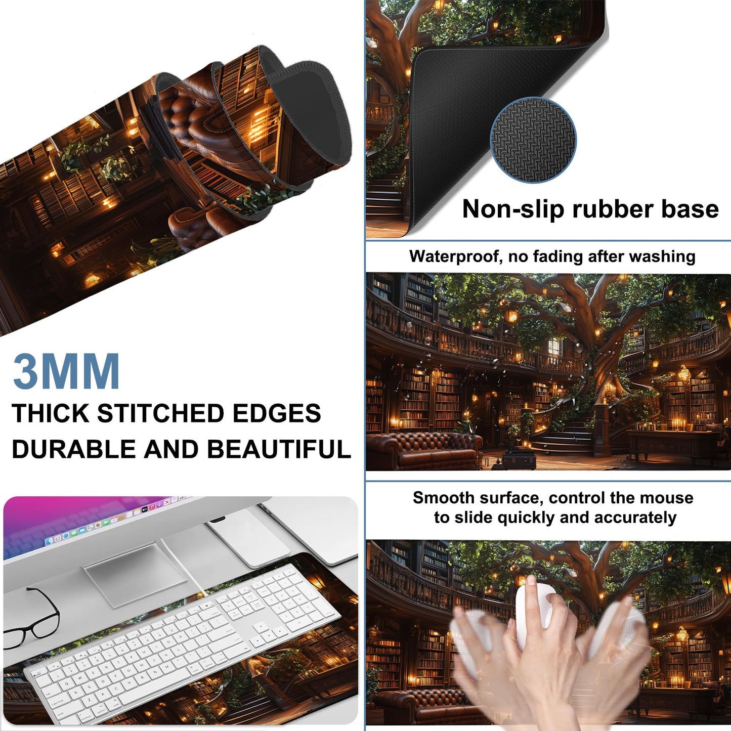 NITAHHHY Large Mouse Pad Old Library Gaming Desk Pad Computer Keyboard Non-Slip Waterproof Mouse Mat with Rubber Base and Stitched Edges Entertainment Office Writing Desk Mat 35.4 x 15.7 Inches
