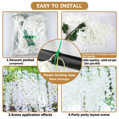 GPARK (36 Branches 12 Pack /45 inch /3.7ft Wisteria Hanging Artificial Flowers Fake Bushy Silk Vine Garland String for Wedding Party Garden Greenery Home Wall Deco Beige+Green+White