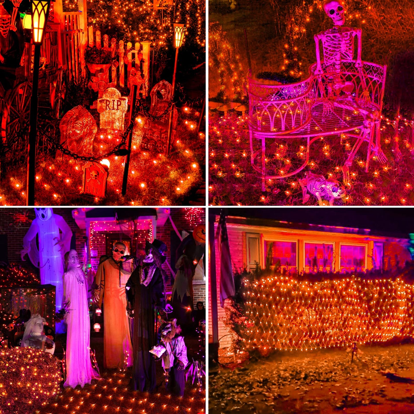 BlcTec Halloween Net Lights 360 LED 9.8ft x 6.6 Orange Halloween Lights with 8 Modes, Timer, Connectable, Waterproof & Dark Green Wire Design for Lawn, Porch, Shrub, Bushes Outdoor Holiday Decorations