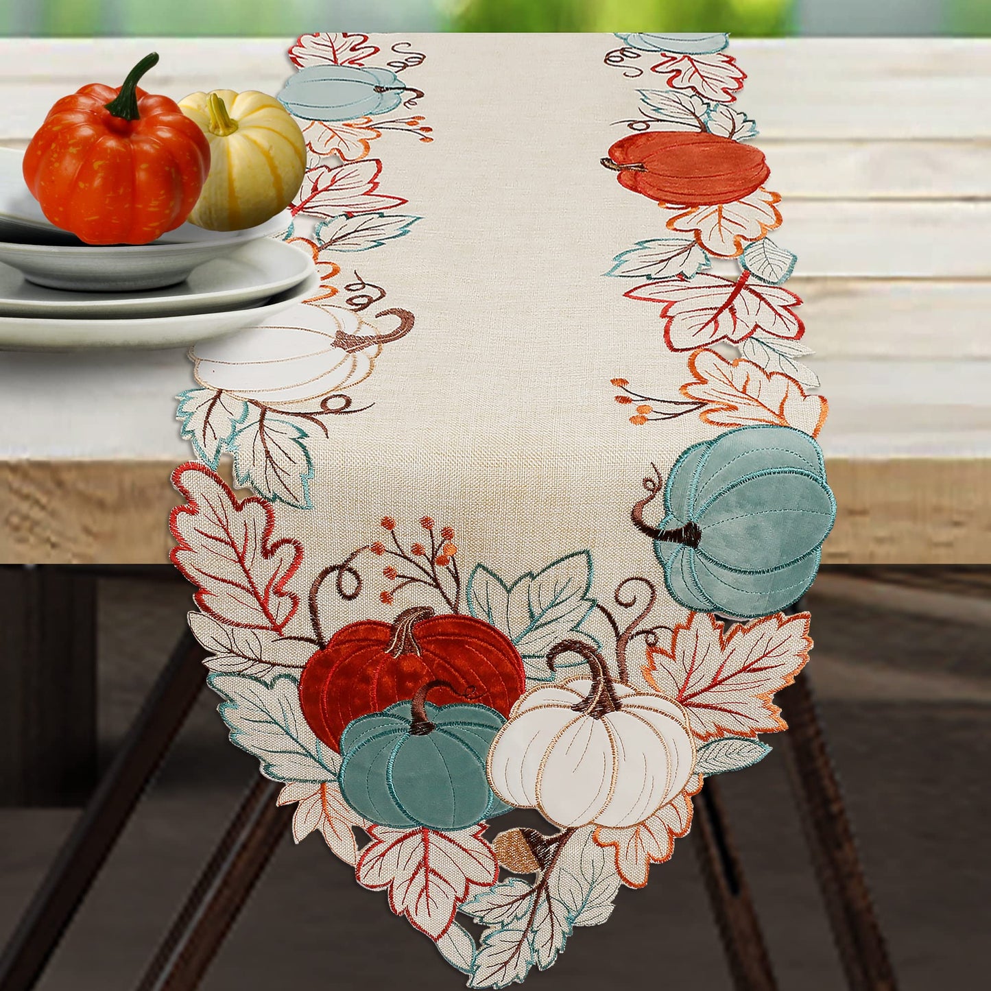 OWENIE Thanksgiving Table Runner, Fall Pumpkins Table Decor, Embroidered Harvest Pumpkin Farmhouse Placemat for Dining Table, Fall Decor for Home, Halloween Table Decorations