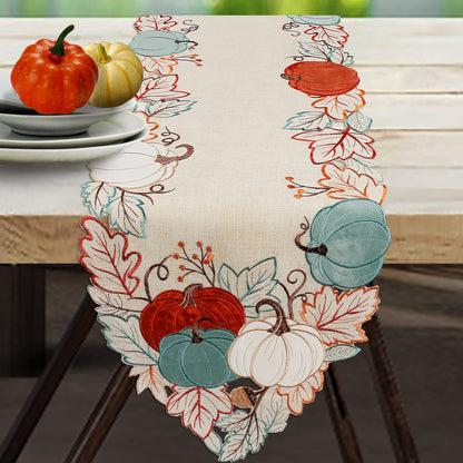 OWENIE Thanksgiving Table Runner, Fall Pumpkins Table Decor, Embroidered Harvest Pumpkin Farmhouse Placemat for Dining Table, Fall Decor for Home, Halloween Table Decorations