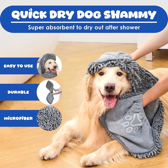 Microfiber Dog Bath Towel, Grey | Super Absorbent, Quick Dry, Hand Pockets, Machine Washable