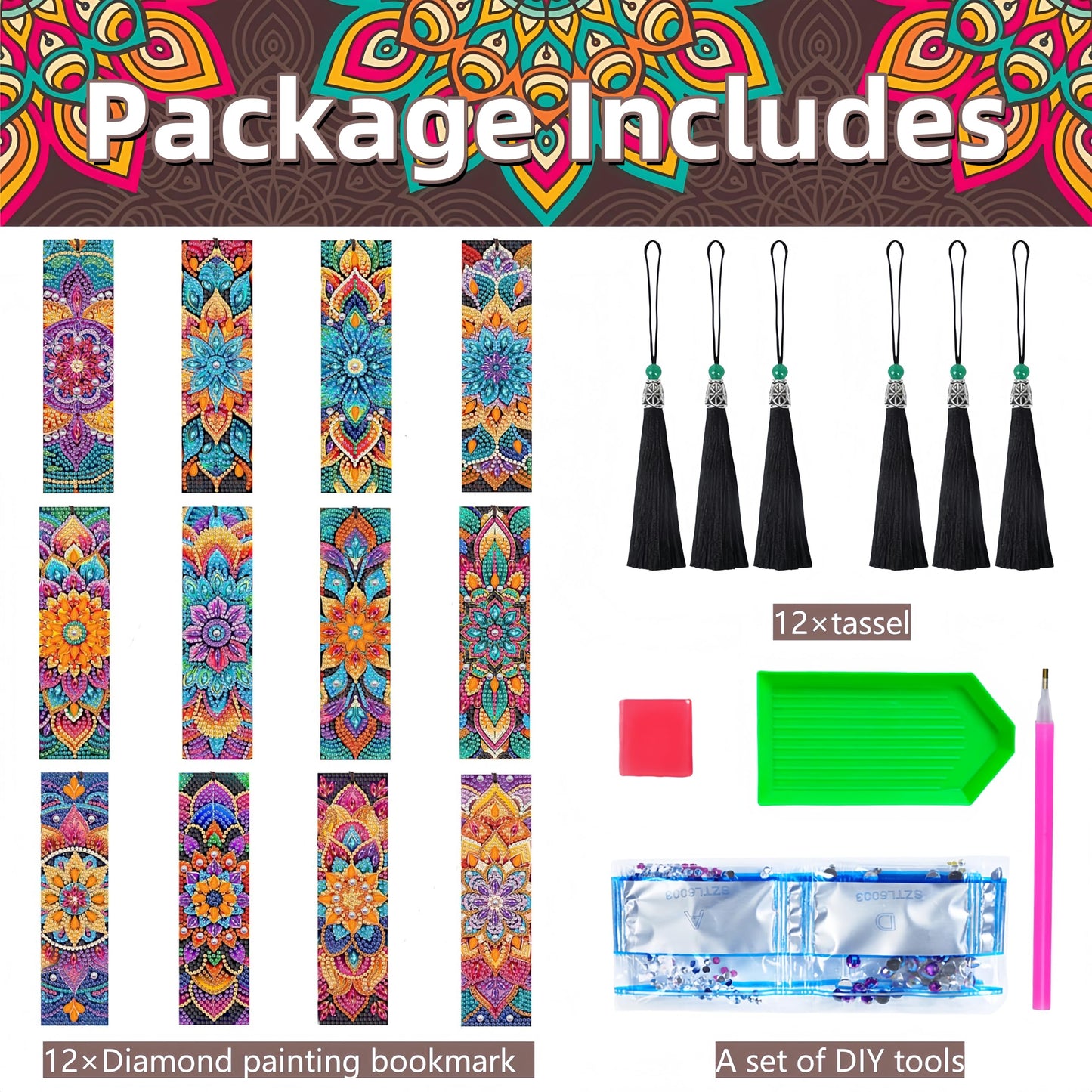 12 Pcs Mandala Diamond Painting Bookmarks,Diamond Art Bookmarks with Tassel, Diamond Art Painting Kits for Beginners Adults DIY Art Craft Gifts Book Decors