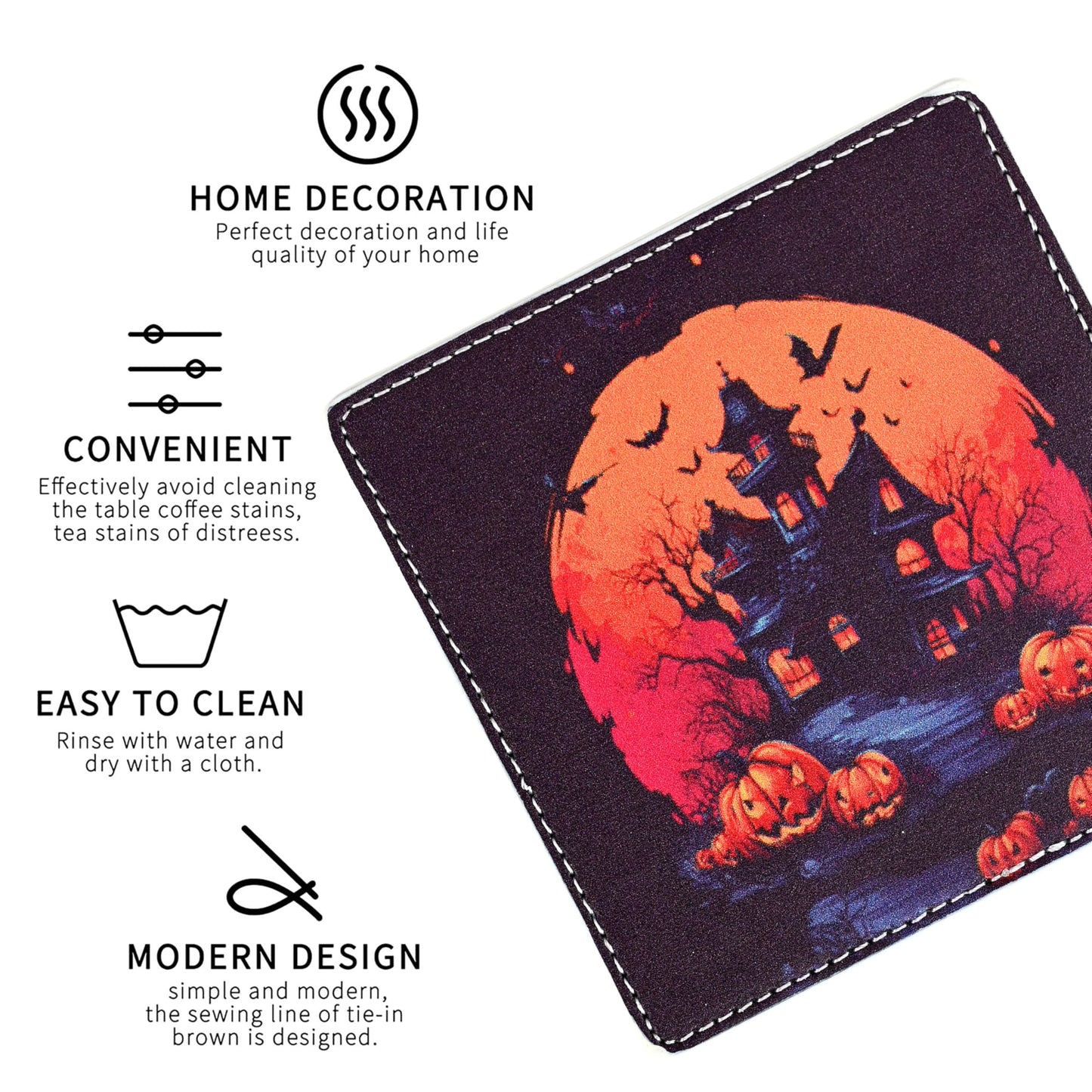Marble Coasters Square Leather Drinks Coaster Set with Holder for Coffee Table Bar Home Decor 4 Inches Set of 6 (Halloween, One Size)