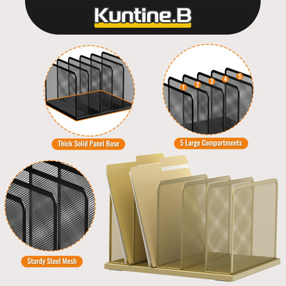 Kuntine.B Desk File Organizer Upright Mesh Desktop Organizer File Sorter Office Organization File Holder for Home, Office & Classroom (Gold, 1 Pack 5-Section)
