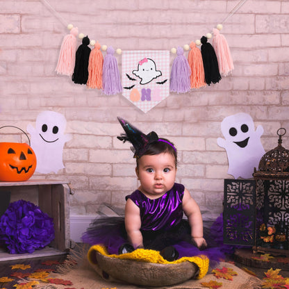 Spooky One High Chair Banner for Girls - Pink Ghost Yarn Tassel Highchair Banner, Halloween 1st Birthday Decorations, Our Little Boo is One Birthday Decor