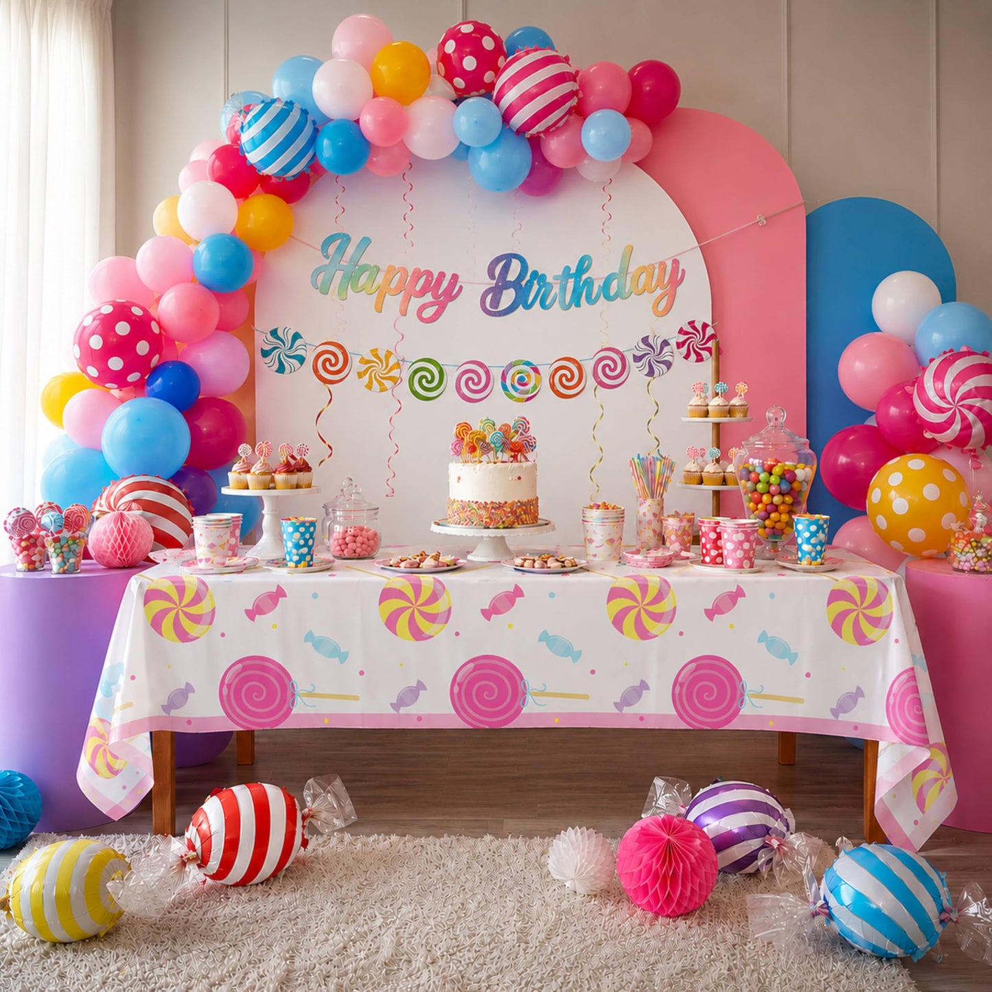 Blue Orchards Candy Table Covers (Pack of 3) - 54"x108" XL - Table Cloth, Party Supplies, Decorations, Lollipop Birthday Party, Halloween Candyland Theme Disposable Plastic Tablecloth Pack